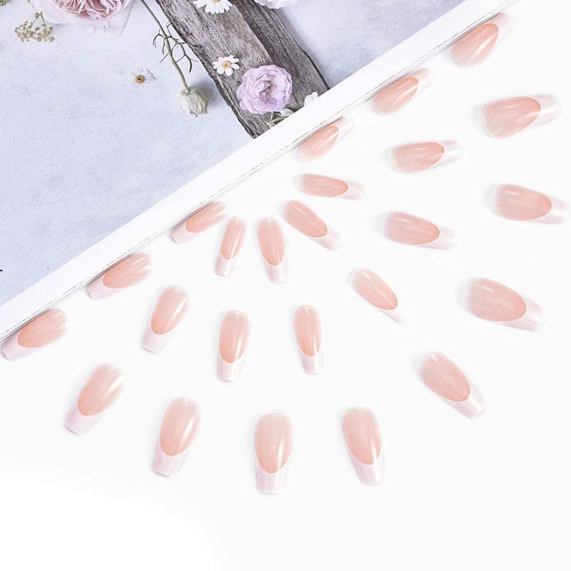 Aksod Long Coffin French Manicure Press on Nails Tips Glossy Pink Fake Nails Designed Ballerina Full Cover Artificial False Nails Tips for Women and Gilrs (24Pcs) - Image 2